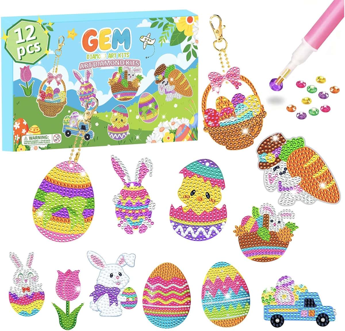 ORIENTAL CHERRY Ostergeschenke Kinder, Diamond Painting Kinder, Geschenke für Kinder Basteln Sie Ihre eigenen GEM-Schlüsselanhänger, Basteln Mädchen 8 Jahre, Ostern Geschenke Kinder