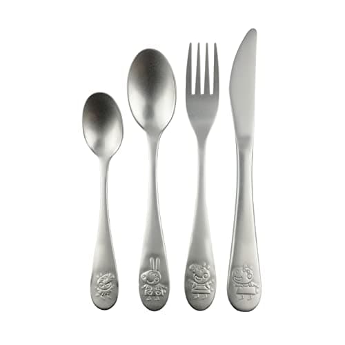 Peppa Wutz Kinderbesteck Set 4-teilig - Edelstahl rostfrei mit Messer, Gabel, Suppenlöffel und Dessertlöffel - geprägtes Peppa Motiv, silber  – Bild 4