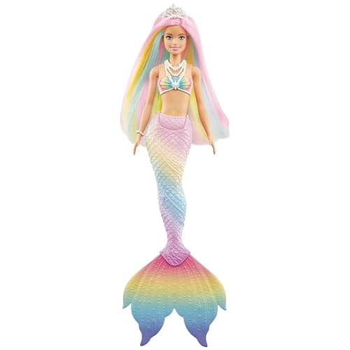 Barbie Dreamtopia Rainbow Magic Mermaid, Barbie Meerjungfrau mit Regenbogenhaaren, Farbwechselpuppe durch Wasser aktiviert, Spielzeug ab 3 Jahren – Bild 4