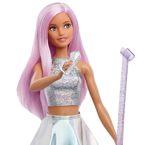Barbie Pop-Star-Puppe gekleidet in einem schillernden Rock mit Mikrofon und rosafarbenem Haar, Geschenk für Kinder von 3 bis 7 Jahren – Bild 2