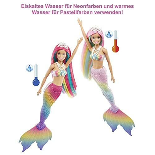 Barbie Dreamtopia Rainbow Magic Mermaid, Barbie Meerjungfrau mit Regenbogenhaaren, Farbwechselpuppe durch Wasser aktiviert, Spielzeug ab 3 Jahren – Bild 3
