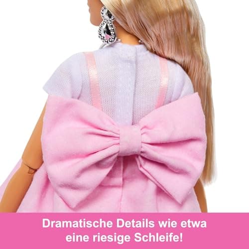 Barbie Deluxe Style-Puppe Nr. 3 mit Barbiecore-Outfit, blonden Haaren in hohem Dutt, pastellrosa Kleid mit überdimensionaler Schleife und Accessoires wie Netzstrumpfhosen – Bild 3