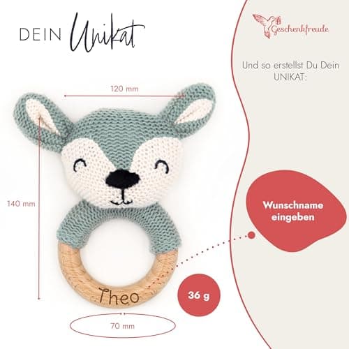 Geschenkfreude Personalisierter Beißring für Baby aus Holz - Greifling personalisiert mit Name - niedliche Babyrassel - schönes Geschenk zur Geburt Junge/Mädchen – Bild 3