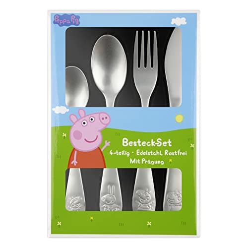 Peppa Wutz Kinderbesteck Set 4-teilig - Edelstahl rostfrei mit Messer, Gabel, Suppenlöffel und Dessertlöffel - geprägtes Peppa Motiv, silber  – Bild 2
