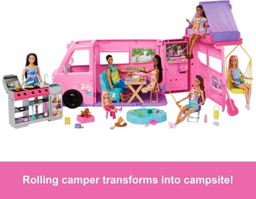 Barbie Super Abenteuer-Camper Spielset mit Dachzelt, Hängesessel, Fischteich, Grill mit Farbwechseleffekt und über 60 Zubehörteilen inklusive Knete – Bild 2