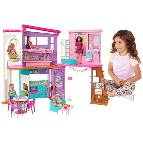 Barbie-Ferienhaus (116 x 77,9 cm), 6 Spielbereiche, komplett eingerichtet mit Zubehör, Möbeln und Aufzug, klapp- und verstaubar, ohne Puppe, Geschenk für Kinder ab 3 Jahren – Bild 3