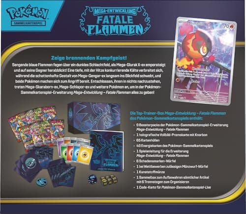 Pokémon-Sammelkartenspiel: Top-Trainer-Box Mega-Entwicklung – Fatale Flammen (1 Vollbild-Promokarte, 9 Boosterpacks & Zubehör) – Bild 5