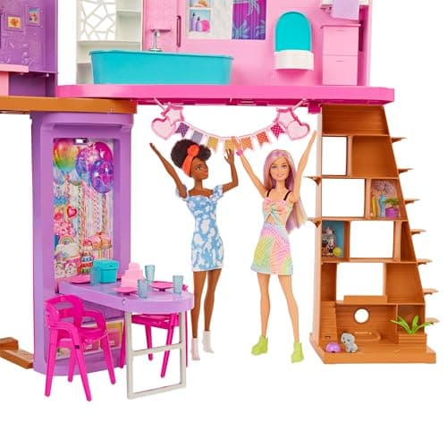 Barbie-Ferienhaus (116 x 77,9 cm), 6 Spielbereiche, komplett eingerichtet mit Zubehör, Möbeln und Aufzug, klapp- und verstaubar, ohne Puppe, Geschenk für Kinder ab 3 Jahren – Bild 5