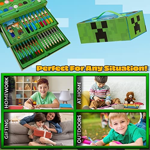 Minecraft Malkoffer Buntstifte Kinder Malset Filzstifte Wachsmalstifte Wasserfarben Malbuch Schule Mal Stifte Set Malkasten zum Malen – Bild 5