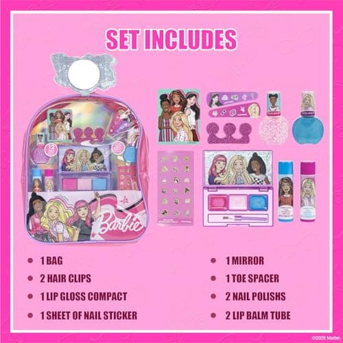 Barbie Make-up gefüllt Rucksack Set, einschließlich Lippenbalsam, Nagellack, Nagelfile, Haarbögen anderes Zubehör, Alter 3+  – Bild 3