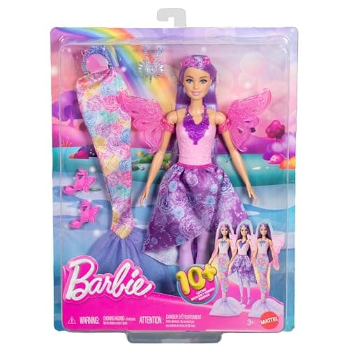 Barbie 3-in-1 Fantasie Puppe, Spielset mit 8 Accessoires inklusive Meerjungfrauen-Schwanzflosse, Feenflügen, königlichen Ketten, Schuhen un vielem mehr für über 10 Verschiedene Looks – Bild 7