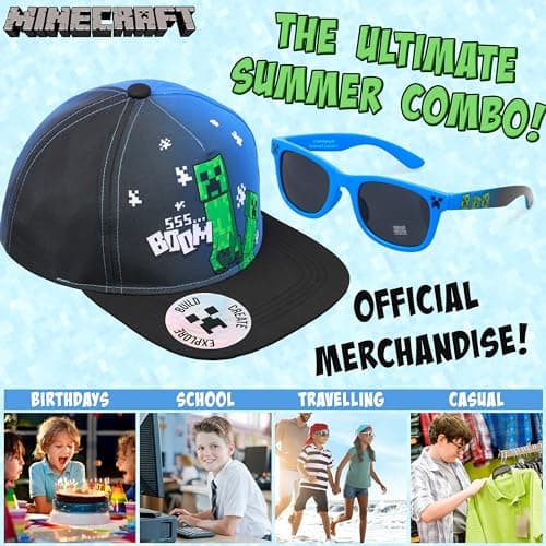 Minecraft Basecap Kinder Jungen Set Snapback Cap Kinder und Sonnenbrille UV Schutz - Creeper  – Bild 4