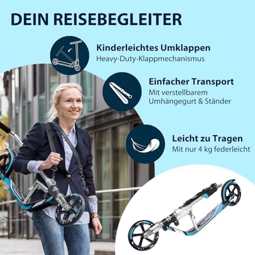 HUDORA BigWheel 205 Scooter - Stabiler Aluminium-Roller - Höhenjustierbarer & zusammenklappbarer Cityroller mit Ständer - Sportlicher Kinderroller – Bild 5
