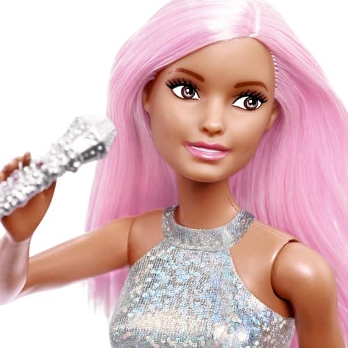 Barbie Pop-Star-Puppe gekleidet in einem schillernden Rock mit Mikrofon und rosafarbenem Haar, Geschenk für Kinder von 3 bis 7 Jahren – Bild 4