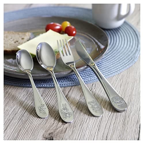 Peppa Wutz Kinderbesteck Set 4-teilig - Edelstahl rostfrei mit Messer, Gabel, Suppenlöffel und Dessertlöffel - geprägtes Peppa Motiv, silber  – Bild 3