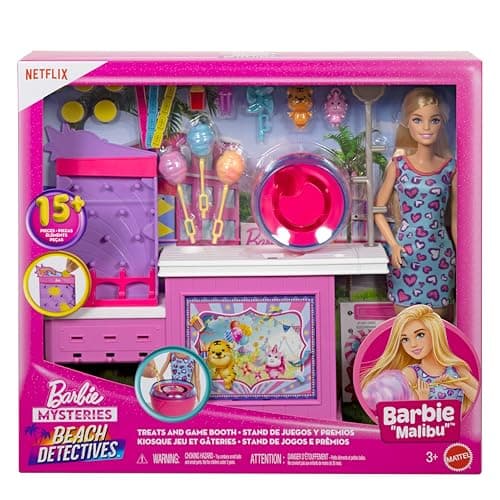 Barbie Mysteries: Beach Detectives Barbie Malibu Puppe und Zuckerwatte Spielstand Spielset mit 20 Zubehörteilen, inklusive Preise – Bild 6