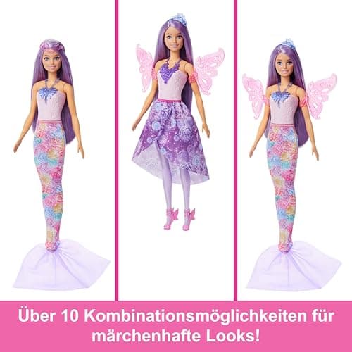 Barbie 3-in-1 Fantasie Puppe, Spielset mit 8 Accessoires inklusive Meerjungfrauen-Schwanzflosse, Feenflügen, königlichen Ketten, Schuhen un vielem mehr für über 10 Verschiedene Looks – Bild 3