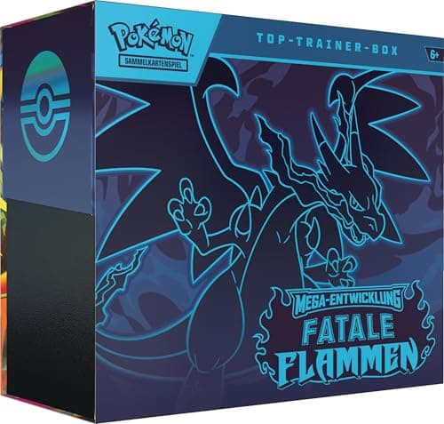 Pokémon-Sammelkartenspiel: Top-Trainer-Box Mega-Entwicklung – Fatale Flammen (1 Vollbild-Promokarte, 9 Boosterpacks & Zubehör) – Bild 2