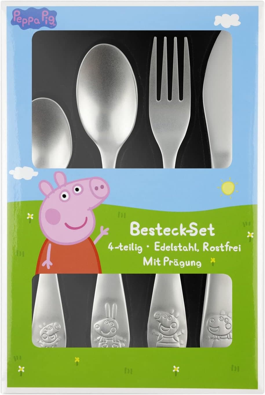 Peppa Wutz Kinderbesteck Set 4-teilig - Edelstahl rostfrei mit Messer, Gabel, Suppenlöffel und Dessertlöffel - geprägtes Peppa Motiv, silber 