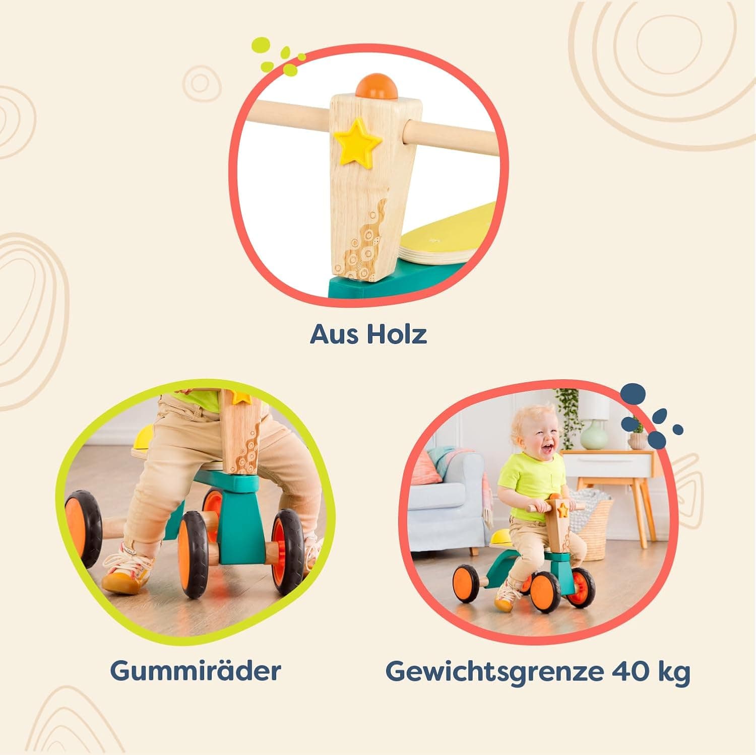 B toys - Sanfter Reiter - Holzfahrrad für Kleinkinder - Balance-Spielzeug – Bild 3