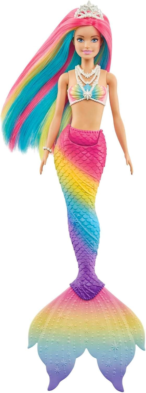 Barbie Dreamtopia Rainbow Magic Mermaid, Barbie Meerjungfrau mit Regenbogenhaaren, Farbwechselpuppe durch Wasser aktiviert, Spielzeug ab 3 Jahren