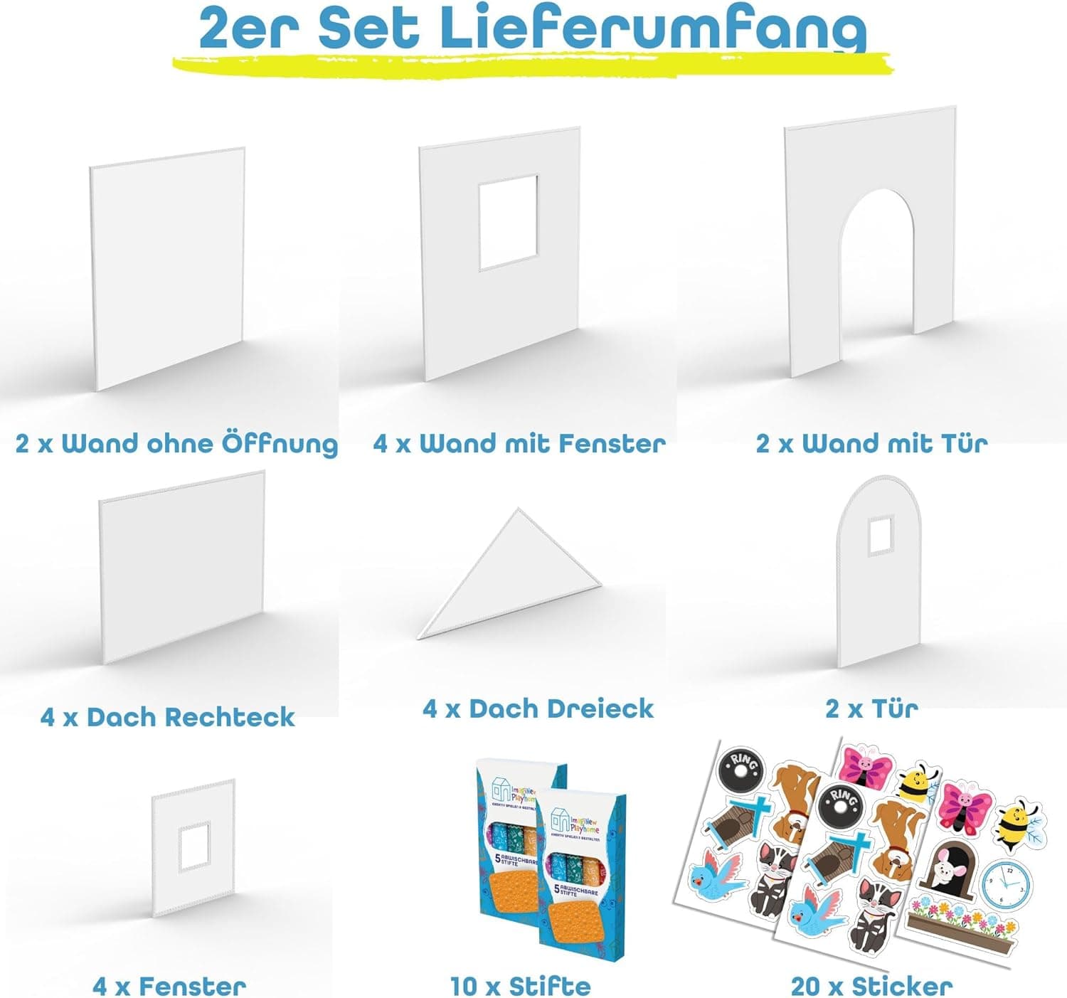 2er Set ImagiNew Playhome - Immer Wieder neu bemalen & abwischen - Spielhaus Kinder Indoor & Outdoor mit Stiften und Sticker – Bild 5