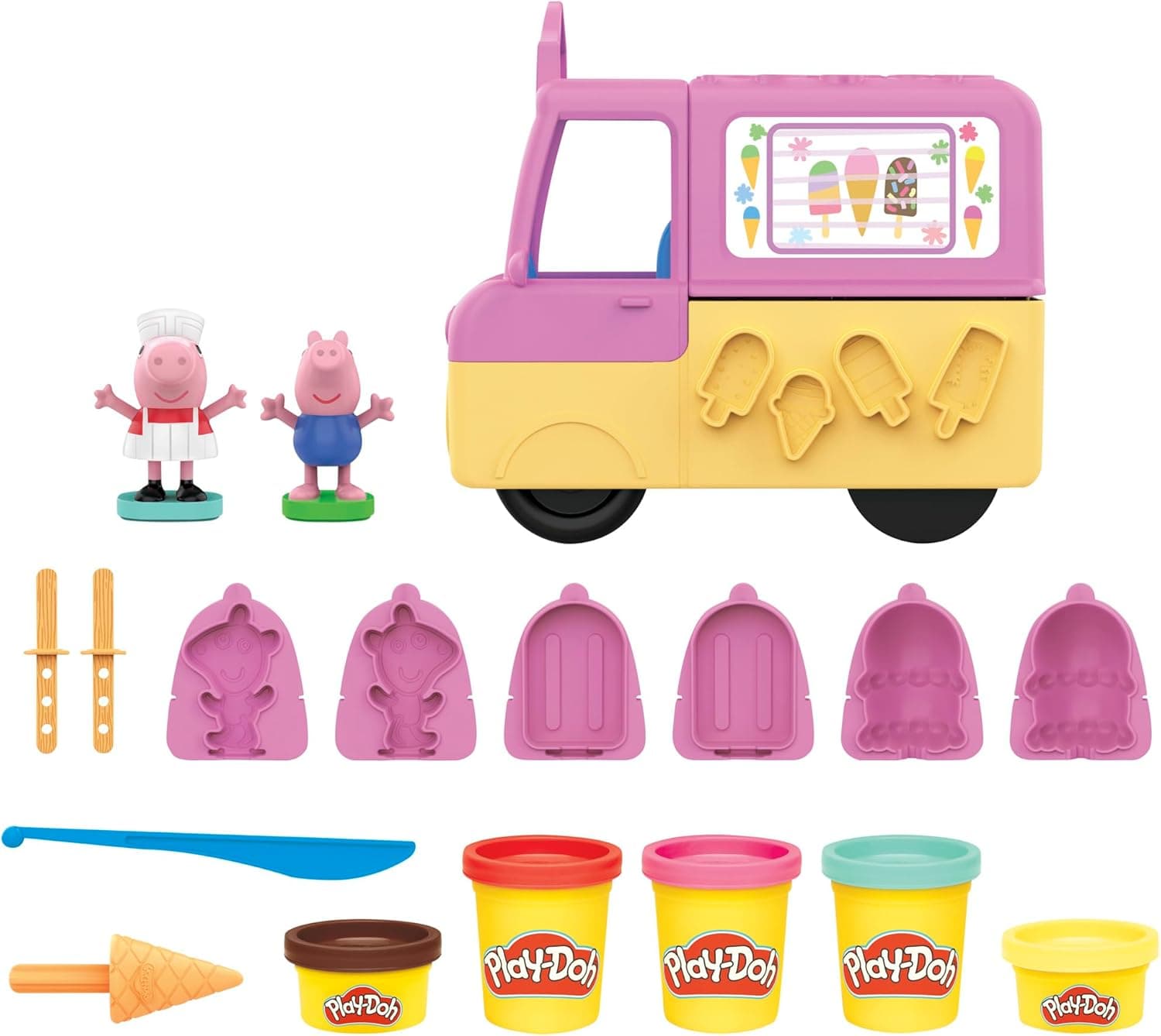 Play-Doh Peppas Eiswagen Bastel-Set, Peppa und Schorsch Figuren und viele Accessoires und Formen, kreatives für Kinder ab 3 Jahren