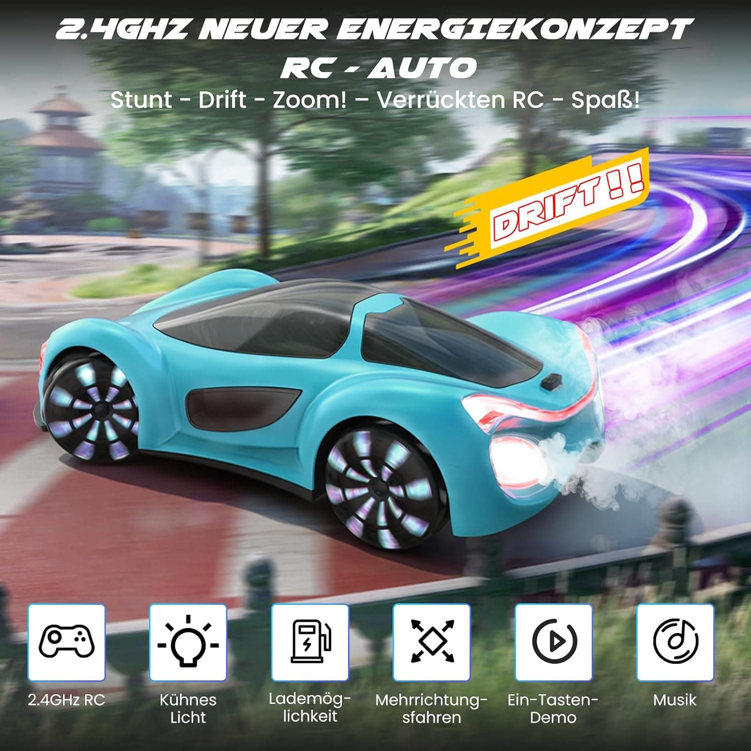 SIMREX ferngesteuertes Auto 360° Drift Stunt RC-Auto mit LED-Leuchtfelgen und Nebellicht – Bild 3