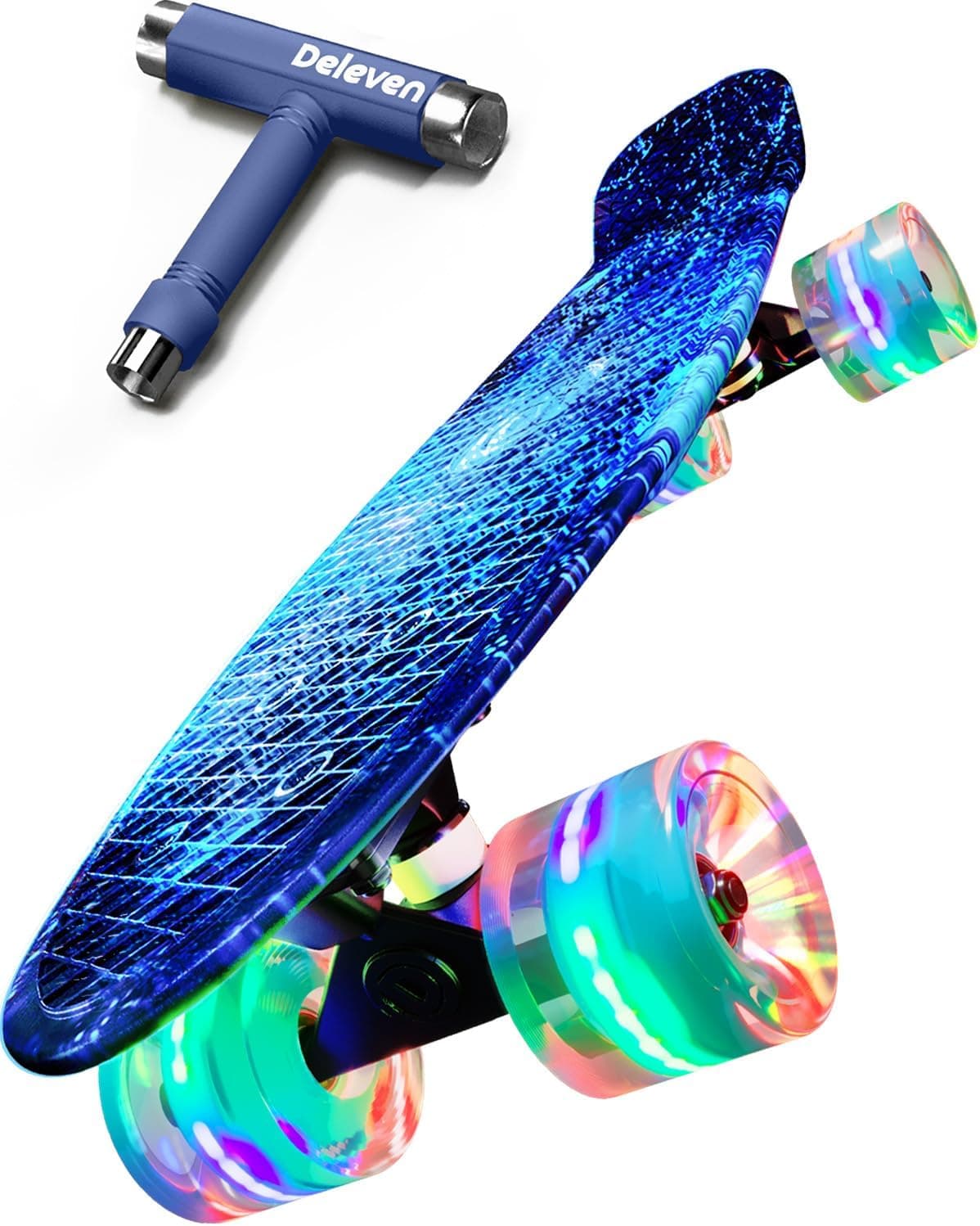 Deleven Skateboard mit LED Rollen, Skate Tool und ABEC 7 Lager  – Bild 1