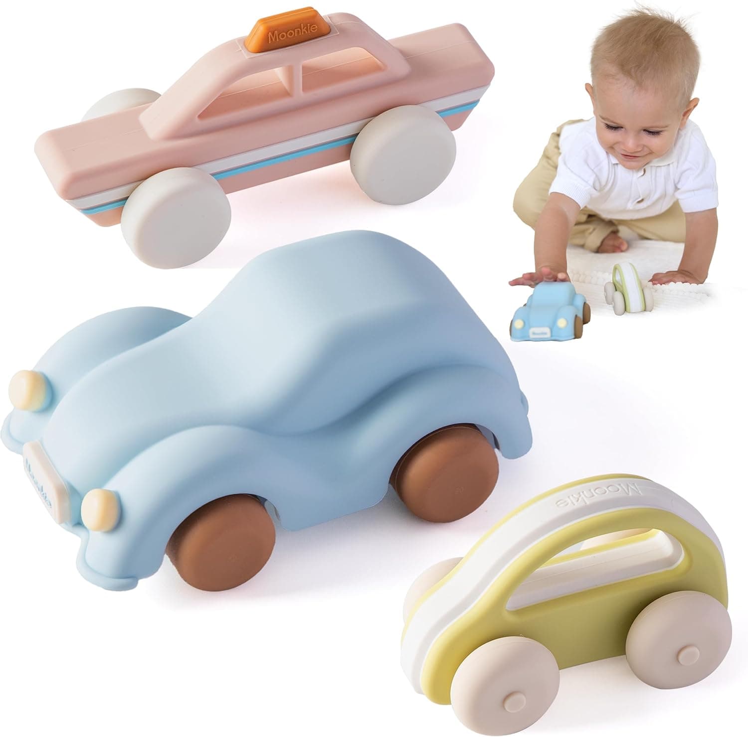 Moonkie Roll & Go Auto Spielzeug Set, 3er Pack, Silikon Spielzeugautos, Beißring Baby, Kinderspielzeug