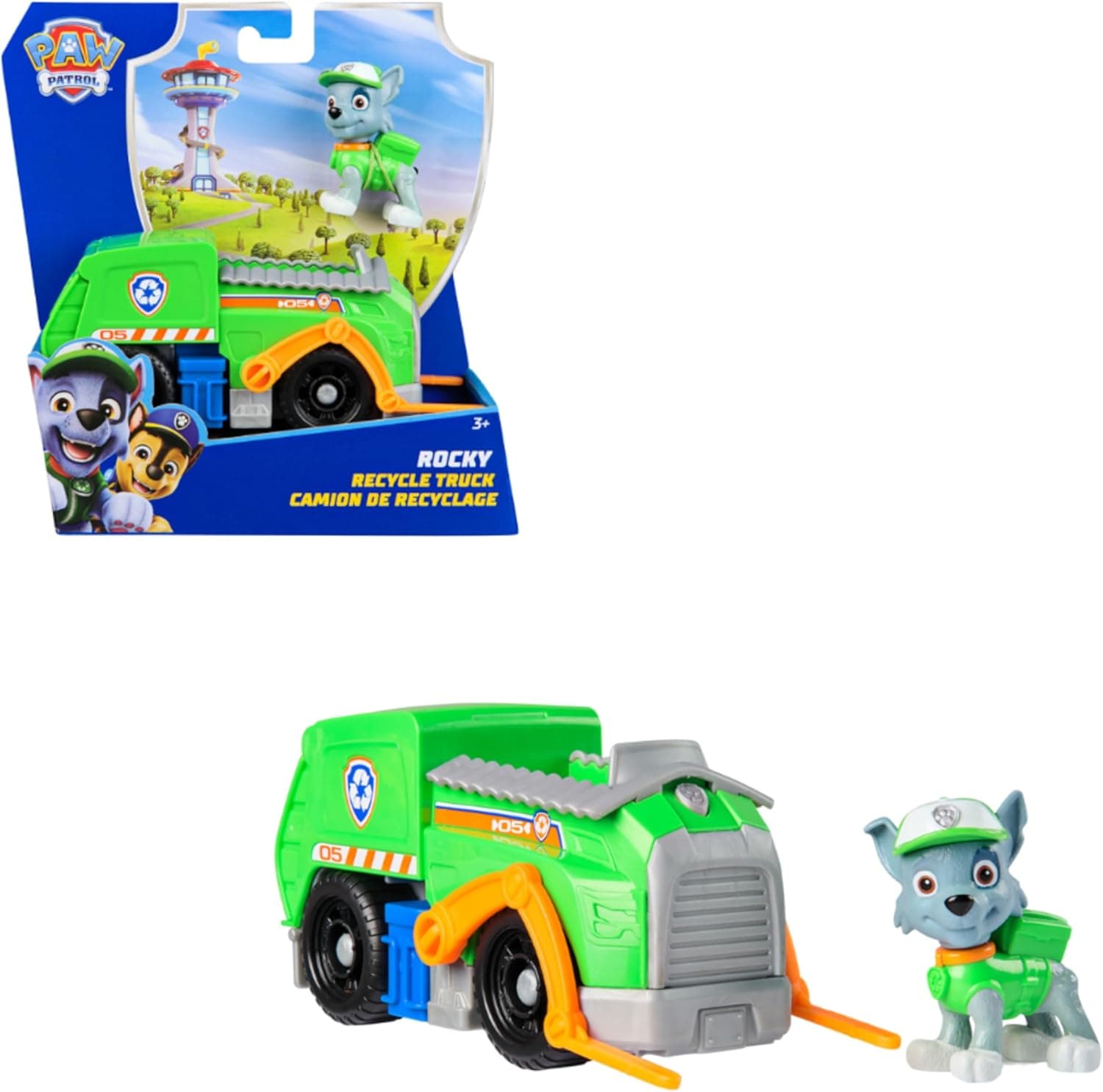 PAW PATROL Rocky-Figur mit Recycling-Truck, stabiles Basis-Fahrzeug , authentisches Spielzeug zur Serie für Kinder ab 3 Jahren – Bild 1