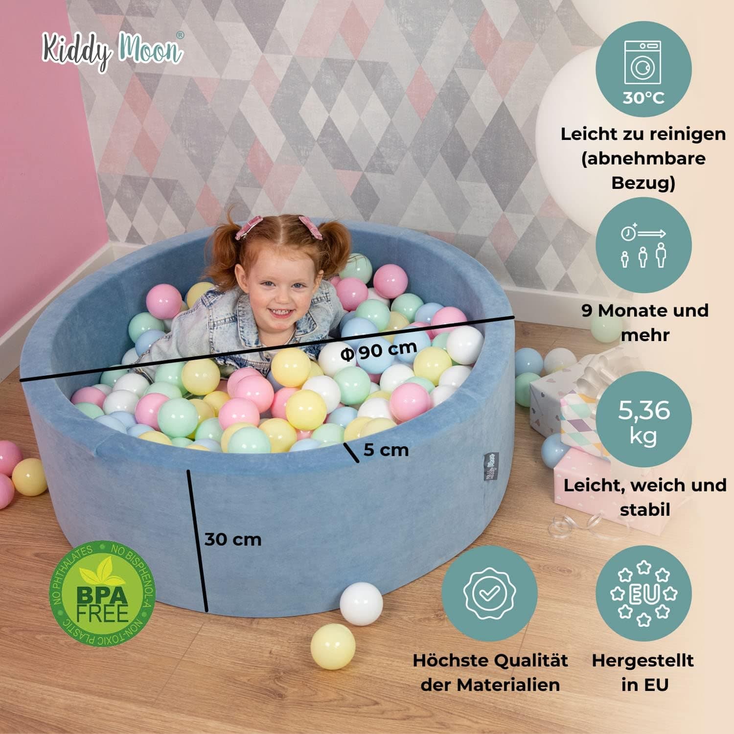 KiddyMoon Velours Bällebad Rund für Babys 90x30 mit 300 Bällen – Bild 4
