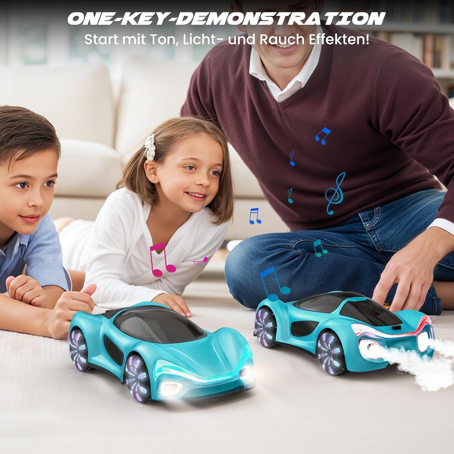 SIMREX ferngesteuertes Auto 360° Drift Stunt RC-Auto mit LED-Leuchtfelgen und Nebellicht – Bild 2