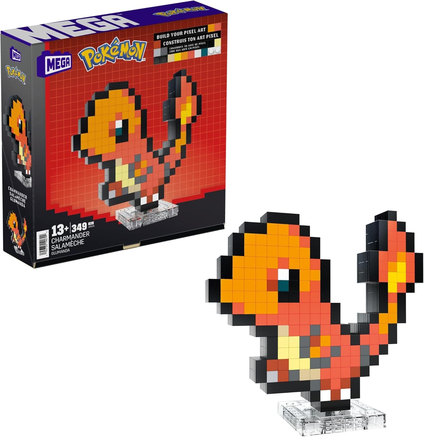 MEGA Pokémon Glumanda - zusammenbaubare Figur im Retro-Look, Pixel Art, inklusive Basis zur Wandmontage