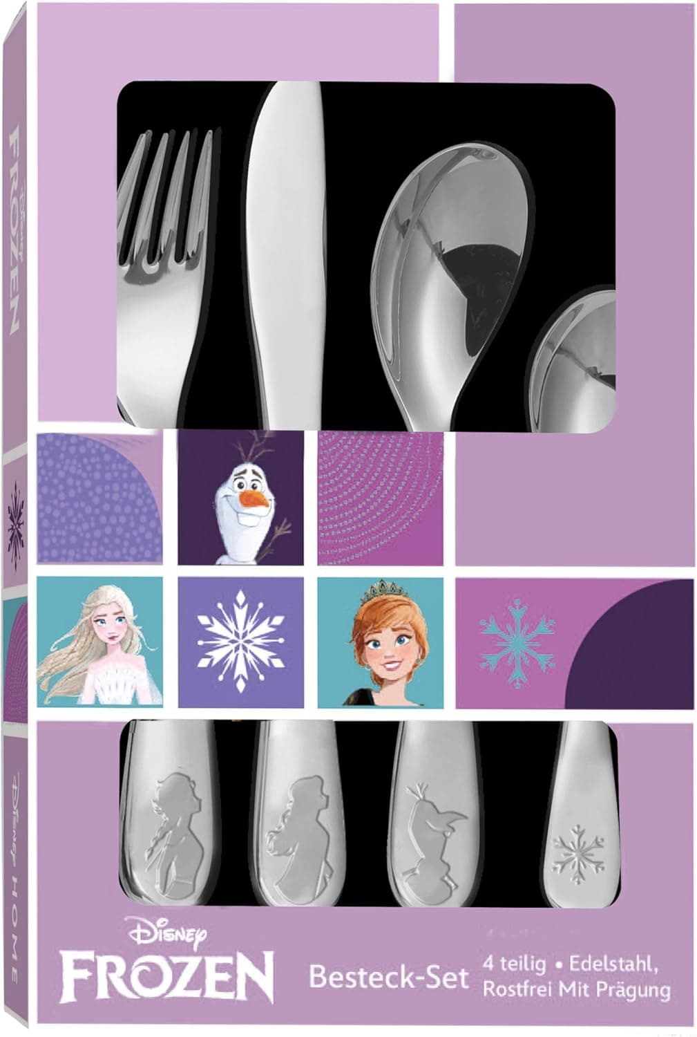 Frozen Die Eiskönigin Kinderbesteck Set 4-teilig - Edelstahl rostfrei mit Messer, Gabel, Suppenlöffel und Dessertlöffel - geprägtes Motiv mit Elsa, Anna und Olaf - spülmaschinengeeignet, kindgerecht