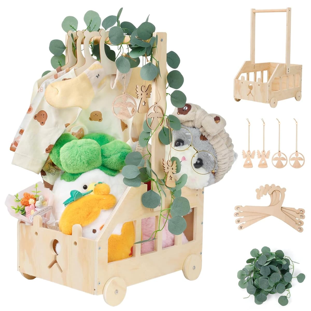 Babyparty Geschenk mit Griff Wickelkorb mit Holzrädern Kinder Holz Holzkiste Babygeschenk Geschenkkorb Baby Korb Geschenk mit Dekorblättern Holzkleiderbügel und Engel-Tag Baby Shower Geschenk – Bild 1