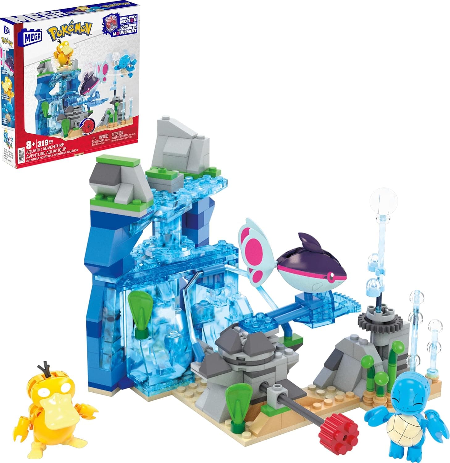 MEGA Pokémon Actionfigur-Bauspielzeug, Wasserabenteuer mit 319 Teilen und beweglichem Schiggy, Enton und Finneon