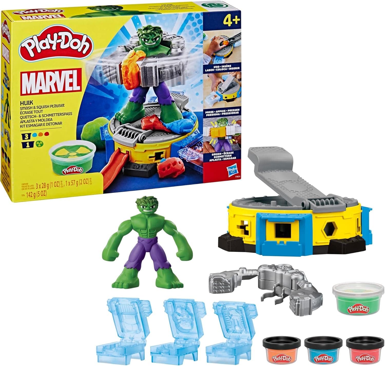 Play-Doh Marvel Hulk Quetsch- & Schmetterspaß, Action-Figur und 3 x 28 g Dosen und 1 x 56 g Dosen, Knetpresse und Formen – Bild 1