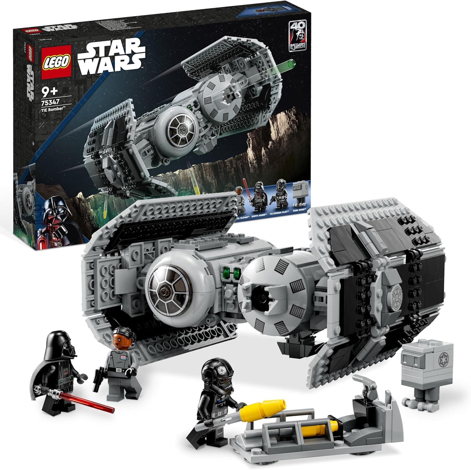 LEGO Star Wars TIE Bombe Spielzeug mit Darth Vader Minifigur mit Lichtschwert und Gonk-Droide, Starfighter Modell