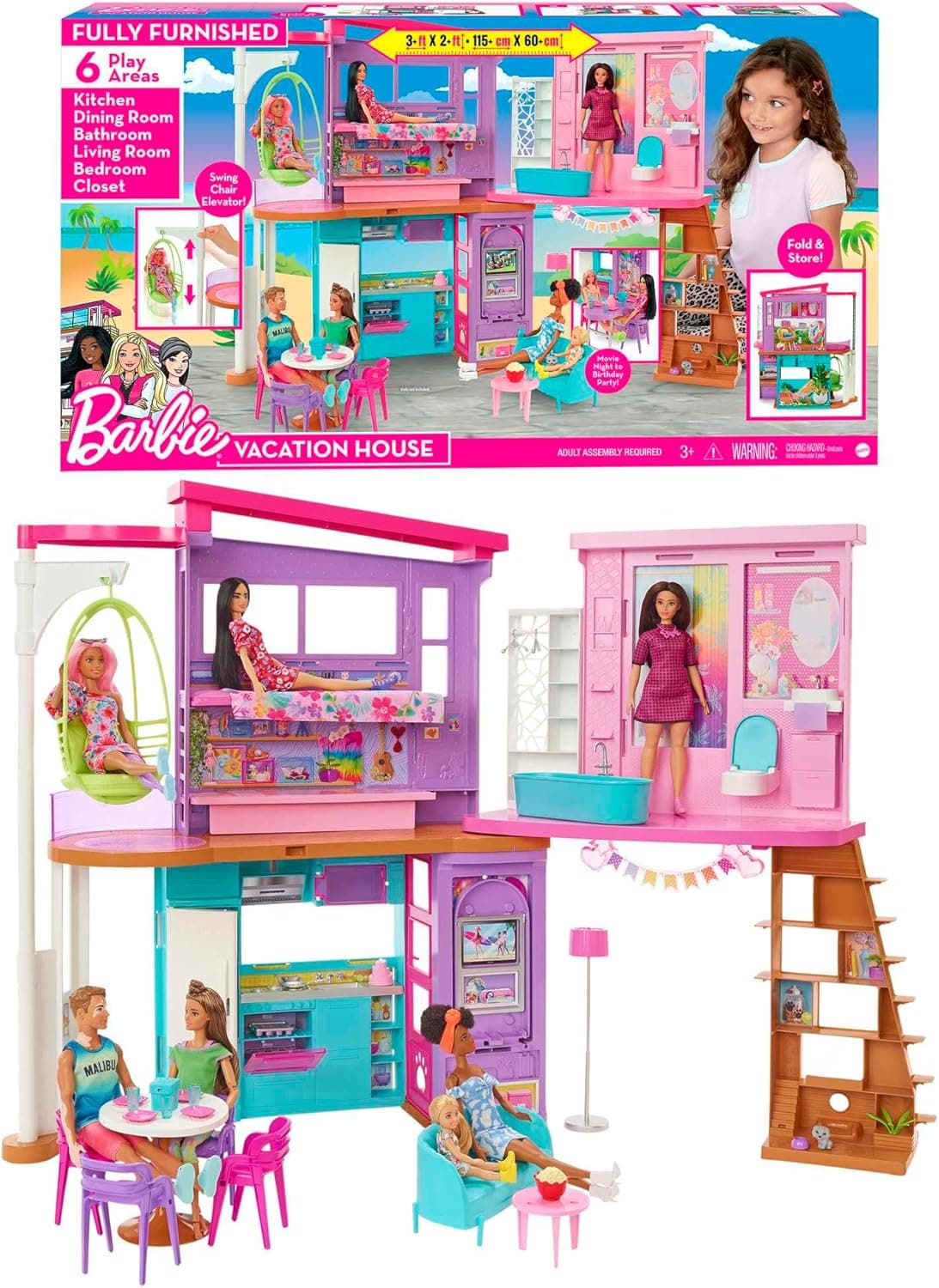 Barbie-Ferienhaus (116 x 77,9 cm), 6 Spielbereiche, komplett eingerichtet mit Zubehör, Möbeln und Aufzug, klapp- und verstaubar, ohne Puppe, Geschenk für Kinder ab 3 Jahren – Bild 1