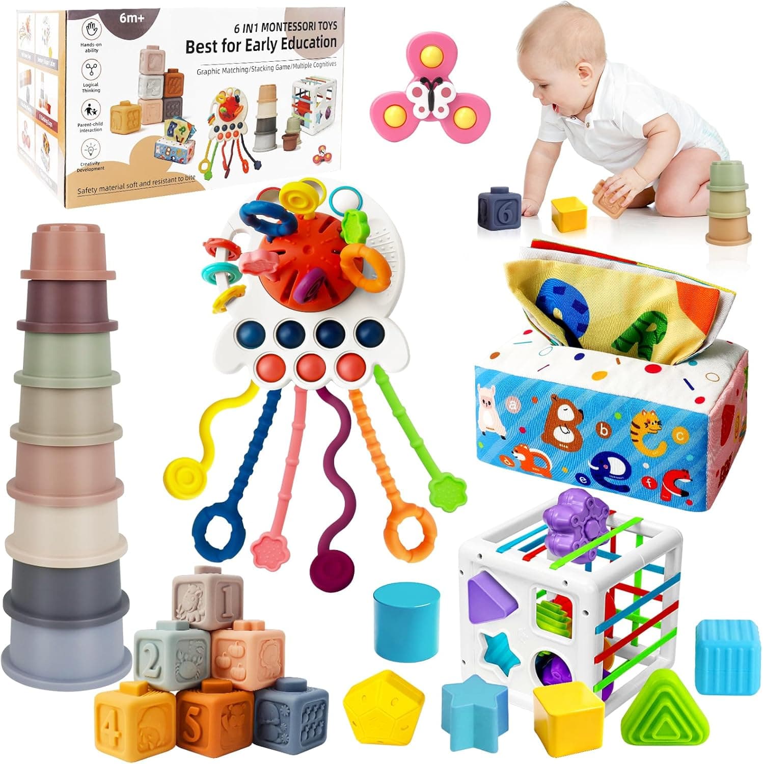 6 in 1 Baby Spielzeug, Montessori Spielzeug für Babys