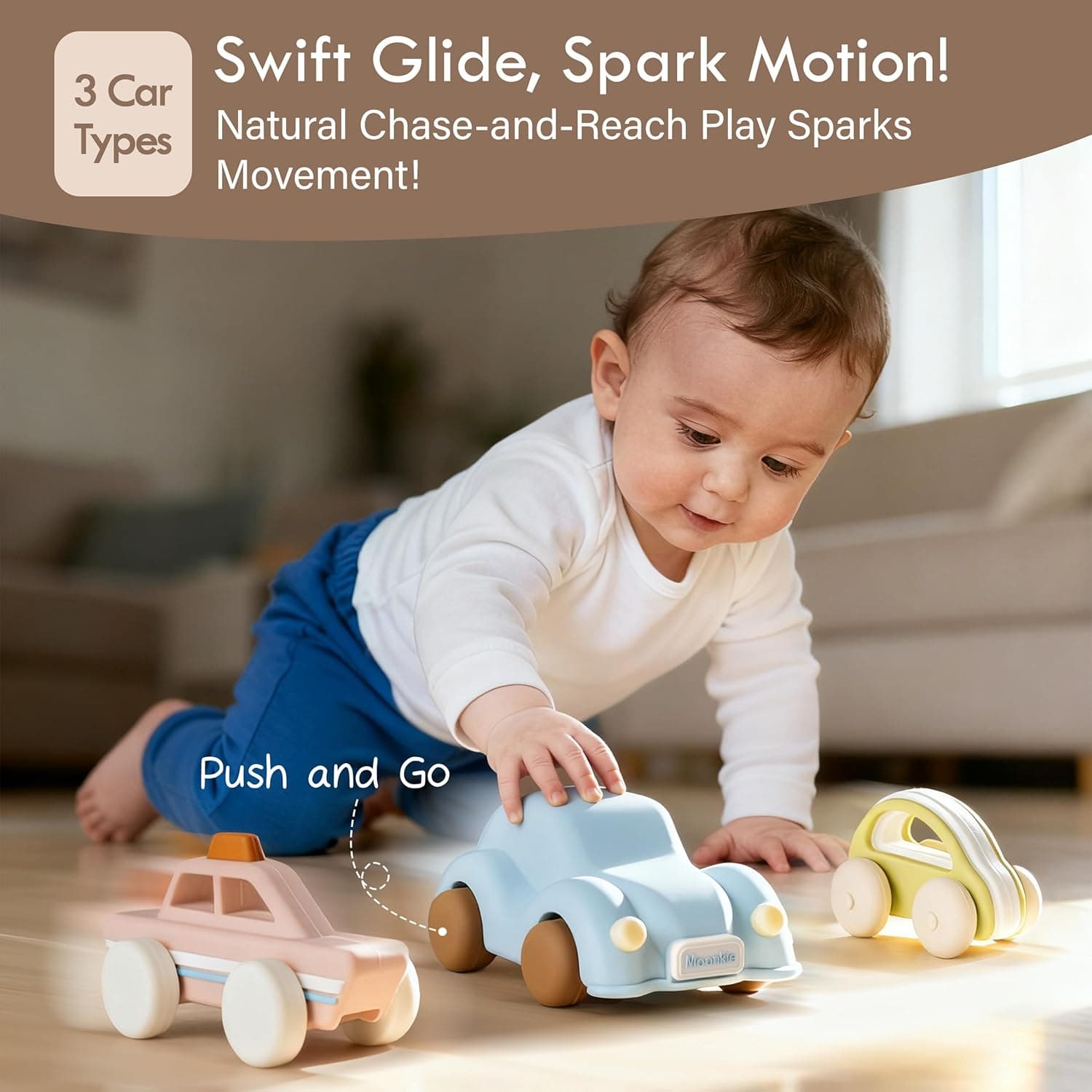 Moonkie Roll & Go Auto Spielzeug Set, 3er Pack, Silikon Spielzeugautos, Beißring Baby, Kinderspielzeug – Bild 3