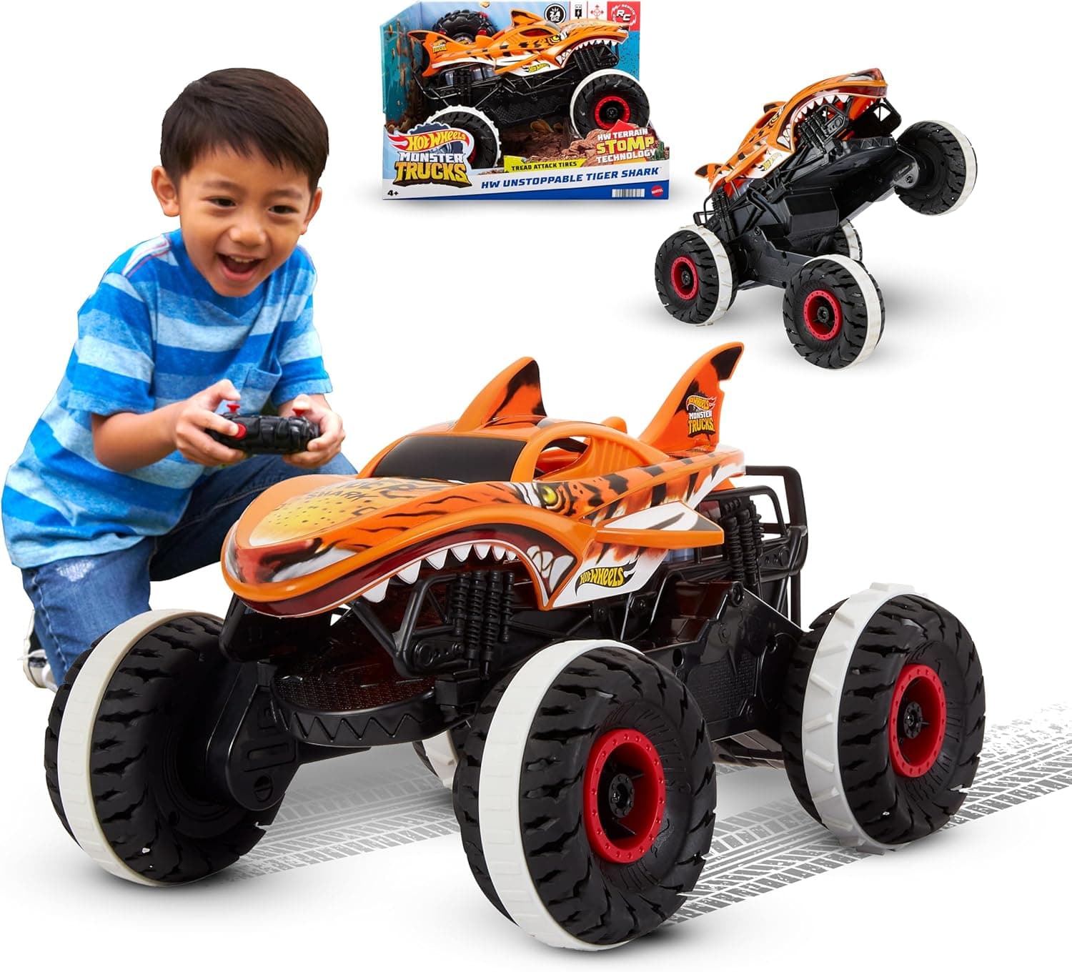 Hot Wheels Monster Trucks Ferngesteuertes Auto Tiger Shark, mit 'Terrain Stomp' Technologie für tierähnliche Bewegungen