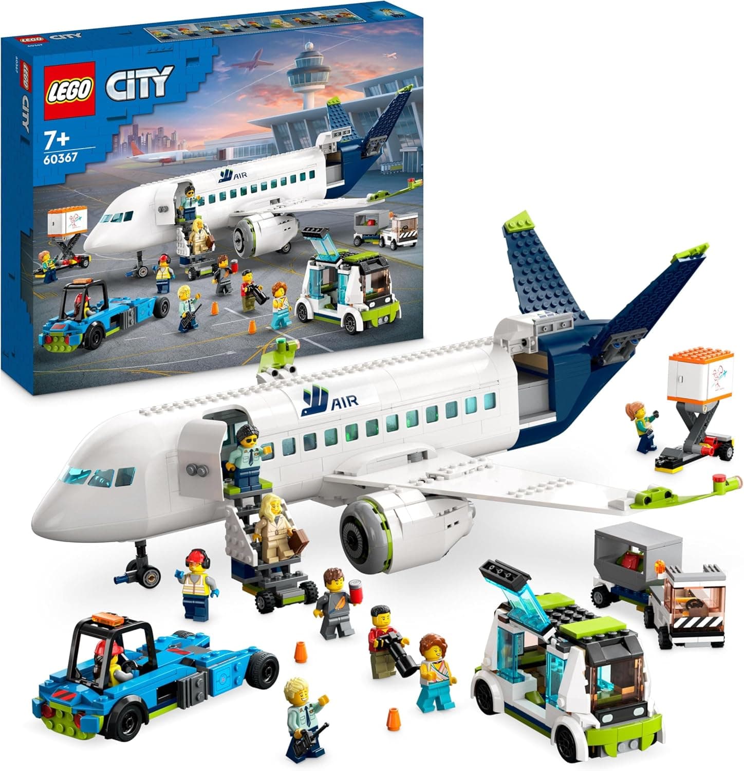 LEGO 60367 City Passagierflugzeug Spielzeug-Set, großes Flugzeug-Modell mit Fahrzeugen des Flughafen-Bodenpersonals