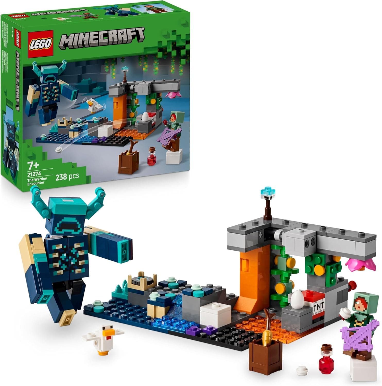 LEGO Minecraft Begegnung mit dem Wächter - Spielzeug mit stummen Ranger Minifigur und beweglicher Mob Figur - Mit TNT Funktion für Felssturz – Bild 1
