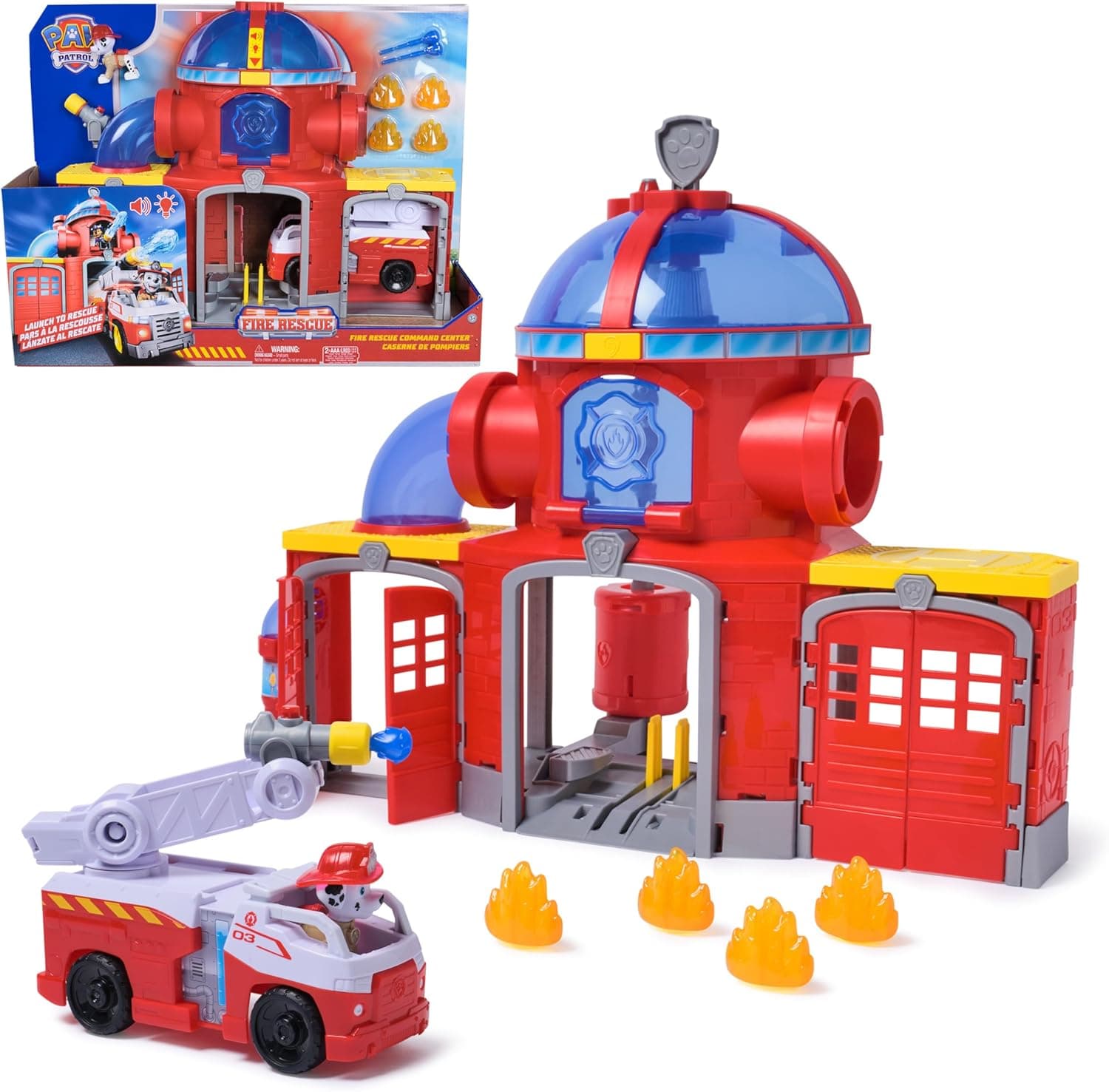PAW PATROL – Fire Rescue Feuerwehr-Station mit Licht- und Soundeffekten, Wasserkanone, Rutschstange und Startrampe, ca. 38 cm, inkl. Marshall-Figur und Feuerwehrauto, für Kinder ab 3 Jahren – Bild 1