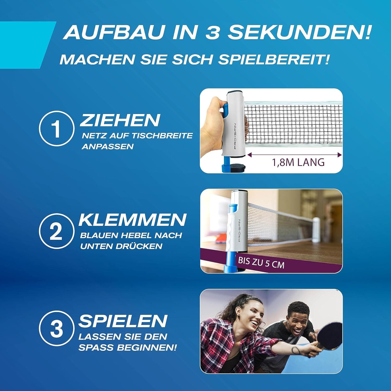 PRO-SPIN Tischtennisschläger Set - Mit Tischtennisnetz Für Jeden Tisch – Bild 4