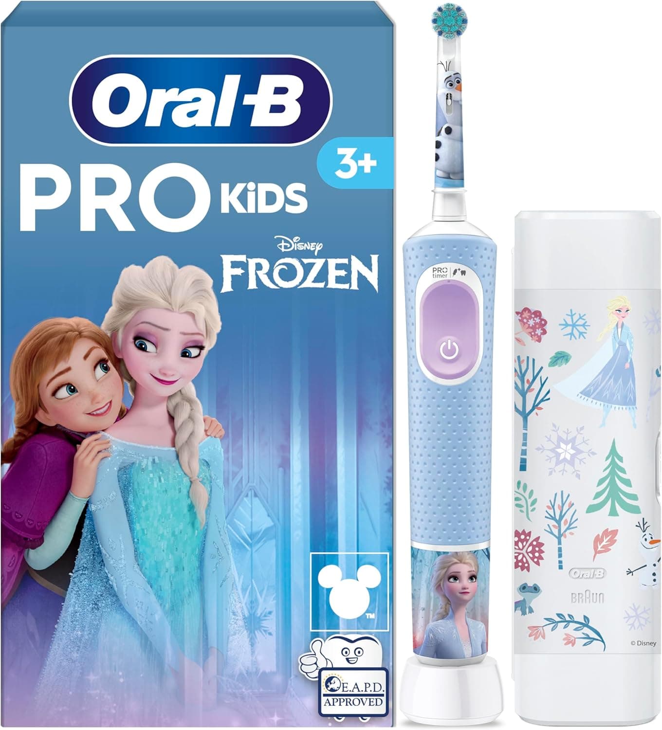 Oral-B Pro Kids Frozen Elektrische Zahnbürste für Kinder — Electric Toothbrush ab 3 Jahren inkl. 1 Aufsteckbürste, Reise-Etui und 2 Putzmodi für Zahnpflege, Blau/Lila
