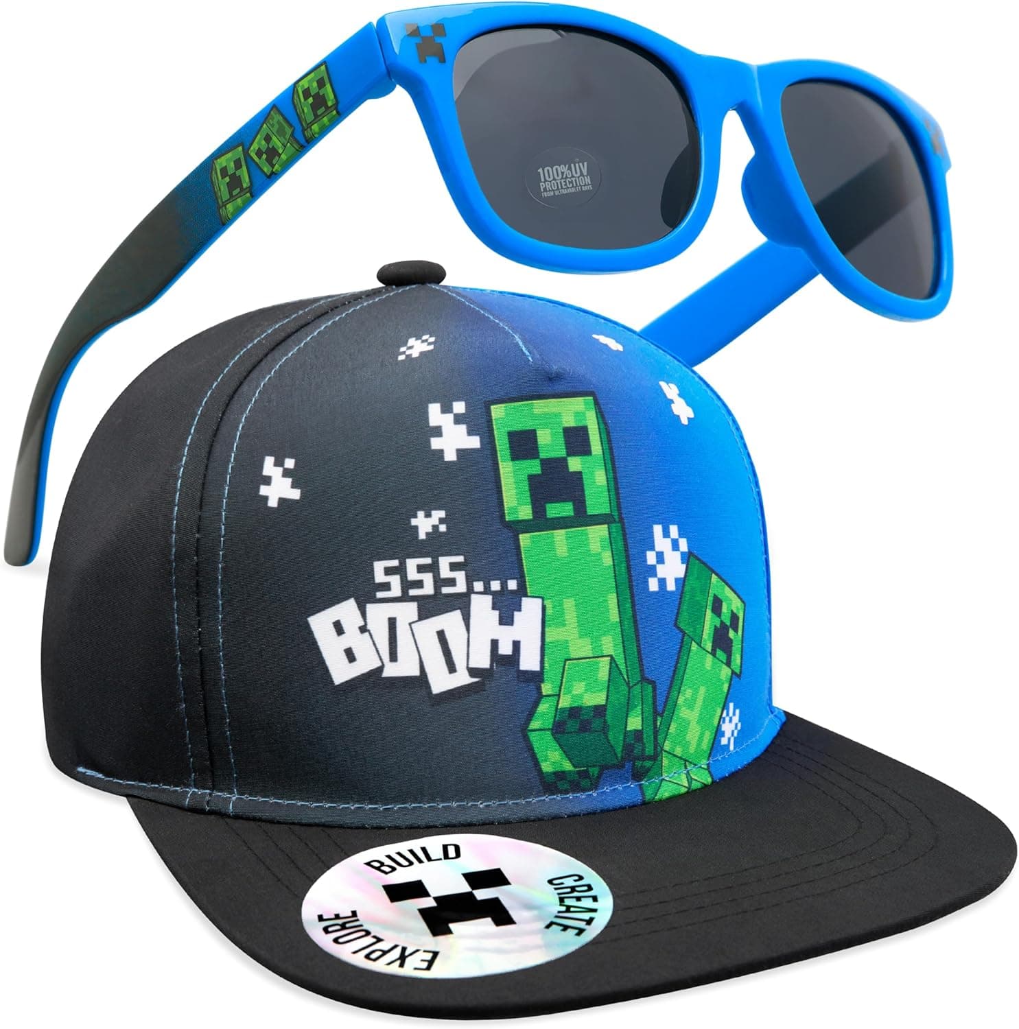 Minecraft Basecap Kinder Jungen Set Snapback Cap Kinder und Sonnenbrille UV Schutz - Creeper  – Bild 1