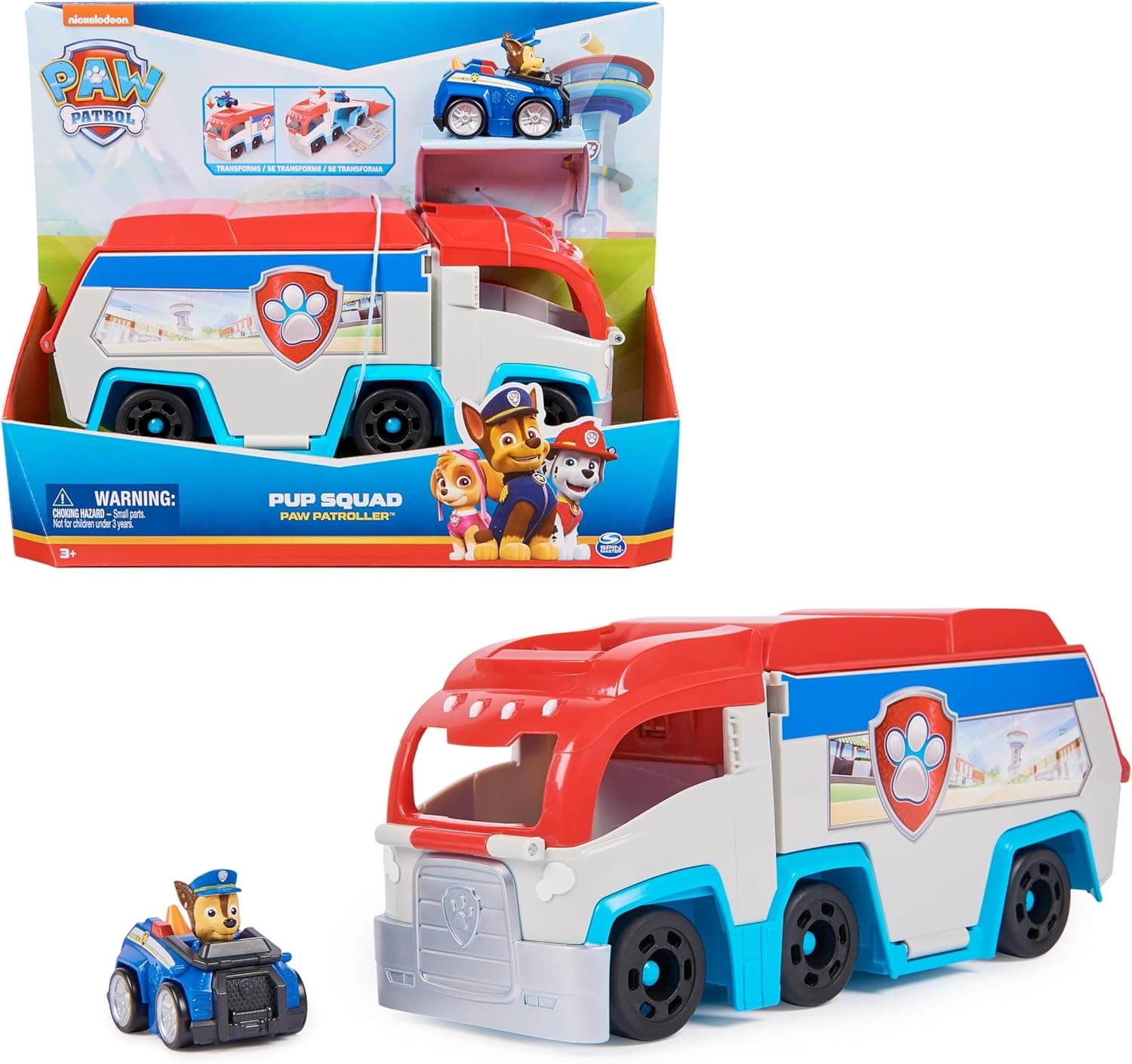 PAW PATROL - Mini-Patroller Pup Squad Teamfahrzeug mit Chase, Transformer Spielzeug mit Startrampe, für Kinder ab 3 Jahren, 25cm